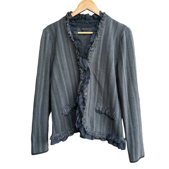 Dana Buchman Women Knitted Brown Herringbone Ruffled Fringed Cardigan Sweater M - Picture 6 of 8